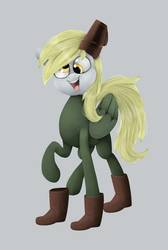 Size: 1024x1524 | Tagged: safe, artist:chibadeer, derpy hooves, pony, g4, bodysuit, boots, clothes, cosplay, costume, female, raised hoof, smiling, solo