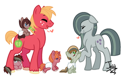 Size: 1024x630 | Tagged: safe, artist:jaythecatlover, big macintosh, marble pie, oc, oc:apple harvest, oc:cherry topaz, oc:skipping stone, oc:stonecutter, earth pony, pegasus, pony, unicorn, g4, baby, baby pony, base used, colt, diaper, female, filly, male, offspring, parent:big macintosh, parent:marble pie, parents:marblemac, ship:marblemac, shipping, simple background, straight, white background