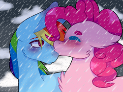 Size: 1600x1200 | Tagged: safe, artist:rdstartie, pinkie pie, rainbow dash, pony, g4, blushing, duo, female, kissing, lesbian, rain, ship:pinkiedash, shipping