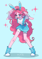 Size: 819x1154 | Tagged: safe, artist:dusty-munji, pinkie pie, equestria girls, g4, bunny ears, clothes, converse, cute, diapinkes, drumsticks, female, shoes, solo