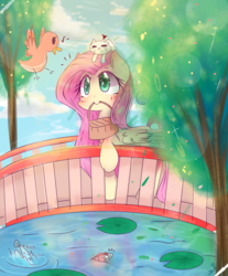 Size: 1732x2092 | Tagged: safe, artist:windymils, angel bunny, fluttershy, bird, fish, pegasus, pony, rabbit, g4, basket, blushing, bridge, colored pupils, cute, female, lilypad, looking up, mouth hold, river, scenery, shyabetes, smiling, solo, tree