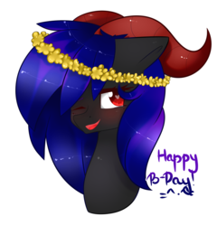 Size: 1752x1823 | Tagged: safe, artist:xxdarkmindxx, oc, oc only, pony, bust, female, floral head wreath, flower, horns, mare, one eye closed, portrait, simple background, solo, transparent background