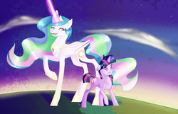 Size: 1024x659 | Tagged: safe, artist:aliceandamy, princess celestia, twilight sparkle, pony, g4, duo, glowing horn, horn, raising the sun, sun work, sunrise