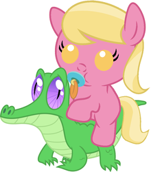 Size: 786x892 | Tagged: safe, artist:red4567, gummy, lily, lily valley, pony, g4, baby, baby pony, cute, lilybetes, pacifier, ponies riding gators, riding, weapons-grade cute