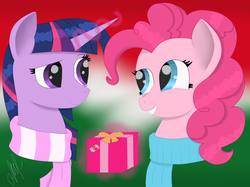 Size: 6059x4528 | Tagged: safe, artist:purplestar01, pinkie pie, twilight sparkle, pony, g4, absurd resolution, bust, clothes, duo, gift giving, glowing horn, horn, looking at each other, portrait, present, scarf