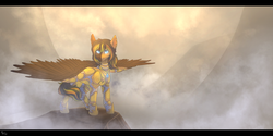 Size: 4000x2000 | Tagged: safe, artist:nightskrill, oc, oc only, oc:daniel dasher, dracony, hybrid, pegasus, pony, armor, commission, gift art, looking at you, male, mist, mountain, multicolored hair, royal guard, serious, serious face, slit pupils, solo, spread wings, stallion