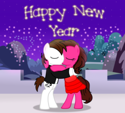 Size: 1024x928 | Tagged: safe, artist:aarondrawsarts, oc, oc only, oc:brain teaser, oc:rose bloom, brainbloom, female, fireworks, happy new year, happy new year 2017, kissing, love, male, oc x oc, romance, romantic, shipping, straight