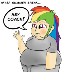 Size: 1280x1436 | Tagged: dead source, safe, artist:askbuttershy, rainbow dash, equestria girls, g4, blushing, double chin, fat, female, human coloration, obese, rainblob dash, simple background, solo, this will end in angry, white background