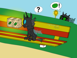 Size: 1600x1200 | Tagged: safe, artist:toyminator900, artist:watermelon changeling, kevin, oc, oc:éling chang, changeling, g4, bench, changeling loves watermelon, changeling oc, collaboration, crate, duo, food, glasses, green changeling, levitation, magic, russian, staff, telekinesis, translated in the comments, watermelon