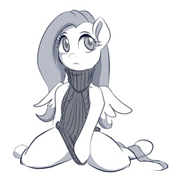 Size: 1280x1280 | Tagged: safe, artist:grissaecrim, fluttershy, pegasus, pony, g4, backless, clothes, digital art, female, kneeling, looking away, mare, monochrome, open-back sweater, simple background, sleeveless, sleeveless sweater, solo, sweater, sweatershy, turtleneck, virgin killer sweater