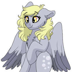 Size: 3000x3000 | Tagged: safe, artist:scarletskitty12, derpy hooves, pegasus, pony, g4, chest fluff, curly hair, cute, female, high res, mare, raised hoof, simple background, smiling, solo, underp, white background