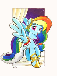 Size: 768x1024 | Tagged: safe, artist:tonyfleecs, rainbow dash, pegasus, pony, g4, the best night ever, clothes, commissioner:ajnrules, dress, female, gala dress, rainbow dash always dresses in style, solo, traditional art