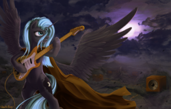 Size: 1433x911 | Tagged: safe, artist:1deathpony1, princess luna, alicorn, pony, g4, bipedal, both cutie marks, cape, clothes, cloud, crepuscular rays, electric guitar, female, guitar, moon, moonlight, musical instrument, night, s1 luna, solo, spread wings