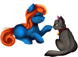 Size: 3509x2550 | Tagged: safe, artist:pridark, oc, oc only, cat, earth pony, pony, blank flank, boop, commission, cute, duo, eyes closed, female, high res, mare, ocbetes, open mouth, raised hoof, simple background, transparent background