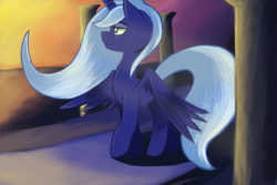 Size: 5400x3600 | Tagged: safe, artist:purpleblackkiwi, princess luna, alicorn, pony, g4, absurd resolution, column, female, s1 luna, smiling, solo, spread wings, sunrise, twilight (astronomy)