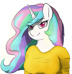 Size: 1001x1020 | Tagged: safe, artist:sanzols, princess celestia, anthro, g4, clothes, female, shirt, simple background, smiling, solo