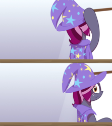 Size: 1920x2160 | Tagged: safe, screencap, oc, oc only, oc:spotlight splash, pony, equestria daily, cape, clothes, costume, equestria daily ad, exploitable meme, hat, meme, solo, template, trixie's cape, trixie's hat