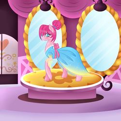 Size: 2000x2000 | Tagged: safe, artist:lekadema, pinkie pie, earth pony, pony, g4, alternate hairstyle, blushing, bow, carousel boutique, clothes, commission, cute, dress, female, high res, living in equestria, looking at you, mare, mirror, raised hoof, smiling, topknot