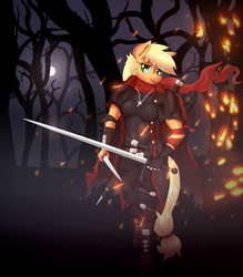 Size: 2625x3000 | Tagged: safe, artist:smokedpone, applejack, anthro, g4, abs, clothes, cross, dagger, female, fire, full moon, high res, looking at you, moon, muscles, night, solo, sword, tree, vampire hunter, weapon