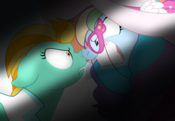 Size: 1314x907 | Tagged: safe, artist:faith-wolff, lightning dust, rainbow dash (g3), pony, fanfic:the bridge, g3, g4, angry, boop, duo, face to face, female, g3 to g4, generation leap, glare, glasses, hat, mama bear, mare, mrs. dash, noseboop, rainbow mom, stare down