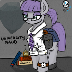 Size: 1000x1000 | Tagged: safe, artist:aer0 zer0, boulder (g4), maud pie, earth pony, pony, g4, book, clothes, eyeshadow, female, glasses, makeup, mare, necktie, saddle bag, shirt, shoes, skirt, watch, wristwatch