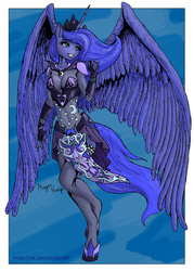 Size: 2515x3507 | Tagged: safe, artist:magarnadge, princess luna, alicorn, anthro, unguligrade anthro, g4, clothes, female, fingerless gloves, gloves, high res, leotard, nail polish, skirt, smiling, socks, solo, spread wings, thigh highs