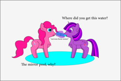 Size: 1563x1042 | Tagged: safe, artist:planetkiller, derpibooru exclusive, pinkie pie, twilight sparkle, alicorn, pony, g4, chest fluff, comic, descriptive noise, drinking, french, gray background, horse noises, meme, simple background, single panel, text, this will end in tears, twilight sparkle (alicorn), water