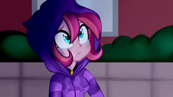 Size: 1024x576 | Tagged: dead source, safe, artist:wubcakeva, oc, oc only, oc:contralto, equestria girls, g4, bruised, clothes, crying, disguised siren, equestria girls-ified, hoodie, solo