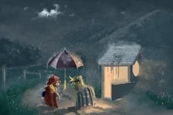 Size: 3000x2000 | Tagged: safe, artist:mongol, oc, oc only, pony, unicorn, clothes, fence, hat, high res, rain, robe, scenery, shed, umbrella