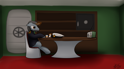 Size: 2672x1491 | Tagged: safe, artist:the-furry-railfan, oc, oc only, pony, unicorn, fallout equestria, clothes, envelope, hat, magic, radio, shelf, shot glass, sitting, solo, submarine, sweater, table, telekinesis