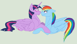 Size: 1080x618 | Tagged: safe, artist:gorecatqueen, rainbow dash, twilight sparkle, alicorn, pegasus, pony, g4, blushing, boop, cuddling, eye contact, female, floppy ears, fluffy, gray background, lesbian, lidded eyes, looking at each other, nose wrinkle, noseboop, prone, ship:twidash, shipping, simple background, smiling, snuggling, sweat, twilight sparkle (alicorn), wide eyes