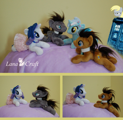 Size: 2792x2740 | Tagged: safe, artist:lanacraft, derpy hooves, doctor whooves, lyra heartstrings, rarity, time turner, earth pony, pegasus, pony, unicorn, ask discorded whooves, g4, beanie (plushie), discord whooves, group photo, high res, irl, photo, plushie