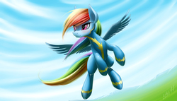 Size: 1944x1111 | Tagged: safe, artist:zigword, rainbow dash, pony, g4, clothes, female, grass, mountain, signature, sky, smiling, solo, spread wings, uniform, wonderbolts uniform