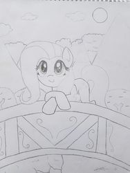 Size: 960x1280 | Tagged: safe, artist:luno, artist:sophiesplushies, fluttershy, pony, g4, bridge, cloud, cute, drawing, female, forest, grayscale, monochrome, mountain, river, shyabetes, smiling, solo, traditional art, tree