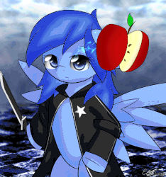 Size: 1800x1920 | Tagged: safe, artist:icy wings, oc, oc only, oc:frost soar, pony, animated, apple, bipedal, black rock shooter, crossover, food, gif, solo, sword, weapon