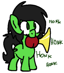 Size: 333x380 | Tagged: safe, artist:lockhe4rt, oc, oc only, oc:filly anon, earth pony, pony, bulb horn, cute, female, filly, honk, mouth hold, nom, simple background, smiling, solo, white background