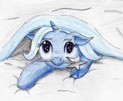 Size: 2276x1867 | Tagged: safe, artist:40kponyguy, derpibooru exclusive, trixie, pony, unicorn, g4, bedsheets, c:, cute, diatrixes, female, floppy ears, hnnng, looking at you, looking up, looking up at you, mouth hold, nom, prone, sheet, solo, traditional art, wand