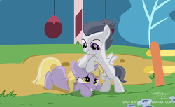 Size: 3187x1953 | Tagged: safe, artist:shutterflyeqd, dinky hooves, rumble, pegasus, pony, unicorn, g4, blushing, colt, cute, female, filly, foal, looking at each other, male, playground, playing, recess, smiling