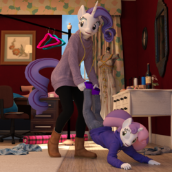 Size: 2000x2000 | Tagged: safe, artist:tahublade7, rarity, sweetie belle, anthro, plantigrade anthro, g4, 3d, alcohol, and then there's rarity, boots, clothes, cute, daz studio, description in comments, dragging, dress, high res, hoodie, indoors, jeans, measuring tape, missing shoes, pants, sisters, socks, story in the source, sweater, tartan, this will end in fashion, wine
