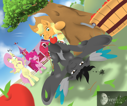 Size: 2335x1945 | Tagged: safe, artist:humble-ravenwolf, applejack, fluttershy, pinkie pie, oc, oc:ravenhoof, earth pony, pegasus, pony, g4, accident, apple orchard, farm