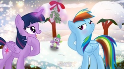 Size: 1024x568 | Tagged: safe, artist:cthulhuandyou, artist:dashiesparkle, artist:mlpblueray, artist:nosehairs, artist:simbyfim, rainbow dash, spike, twilight sparkle, alicorn, dragon, pegasus, pony, g4, blushing, christmas, duo focus, female, lesbian, mistletoe, ship:twidash, shipping, snow, tree, trio, twilight sparkle (alicorn)