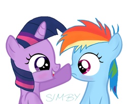 Size: 987x810 | Tagged: safe, artist:simbyfim, rainbow dash, twilight sparkle, pony, g4, blushing, boop, duo, female, filly, filly rainbow dash, filly twilight sparkle, lesbian, ship:twidash, shipping, simple background, white background