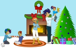 Size: 10768x6700 | Tagged: safe, artist:colourstrike, rainbow dash, soarin', oc, human, g4, absurd resolution, christmas, christmas tree, fireplace, humanized, male, offspring, parent:rainbow dash, parent:soarin', parents:soarindash, present, ship:soarindash, shipping, straight, tree