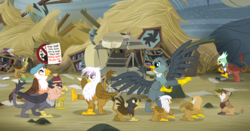 Size: 5108x2676 | Tagged: safe, artist:malte279, gabby, gilda, gimme moore, grampa gruff, greta, griffon, g4, chickub, fez, griffon trio, griffonstone, hat, high res, newsboy hat