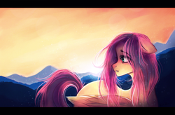 Size: 1713x1125 | Tagged: safe, artist:vetallie, fluttershy, pony, g4, female, floppy ears, looking away, mountain, scenery, solo, turned head