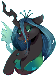 Size: 568x777 | Tagged: safe, artist:bingk, queen chrysalis, changeling, changeling queen, g4, bust, crown, female, jewelry, lidded eyes, open mouth, portrait, regalia, simple background, solo, transparent background