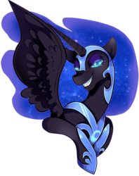 Size: 600x758 | Tagged: safe, artist:bingk, nightmare moon, alicorn, pony, g4, bust, colored pupils, female, grin, lidded eyes, looking at you, portrait, simple background, smiling, solo, spread wings, transparent background