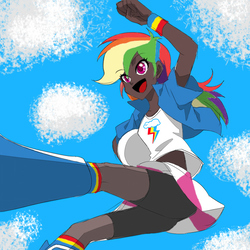 Size: 595x595 | Tagged: safe, artist:murai shinobu, color edit, edit, editor:rmzero, rainbow dash, equestria girls, g4, belly button, bike shorts, boots, clothes, colored, colored sketch, compression shorts, cute, dark skin, female, human coloration, low camera, midriff, pantyhose, shorts, skirt, skirt lift, socks, solo, volleyball