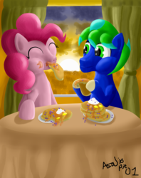 Size: 1536x1940 | Tagged: safe, artist:asajiopie01, pinkie pie, oc, g4, breakfast, eating, eyes closed, food, morning ponies, pancakes, plate, signature, table, whipped cream
