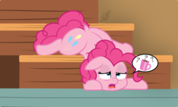 Size: 4500x2726 | Tagged: safe, artist:pabbley, artist:slb94, pinkie pie, earth pony, pony, g4, bags under eyes, coffee, female, hangover, high res, lidded eyes, morning ponies, pictogram, question, solo, speech bubble, stairs, tired